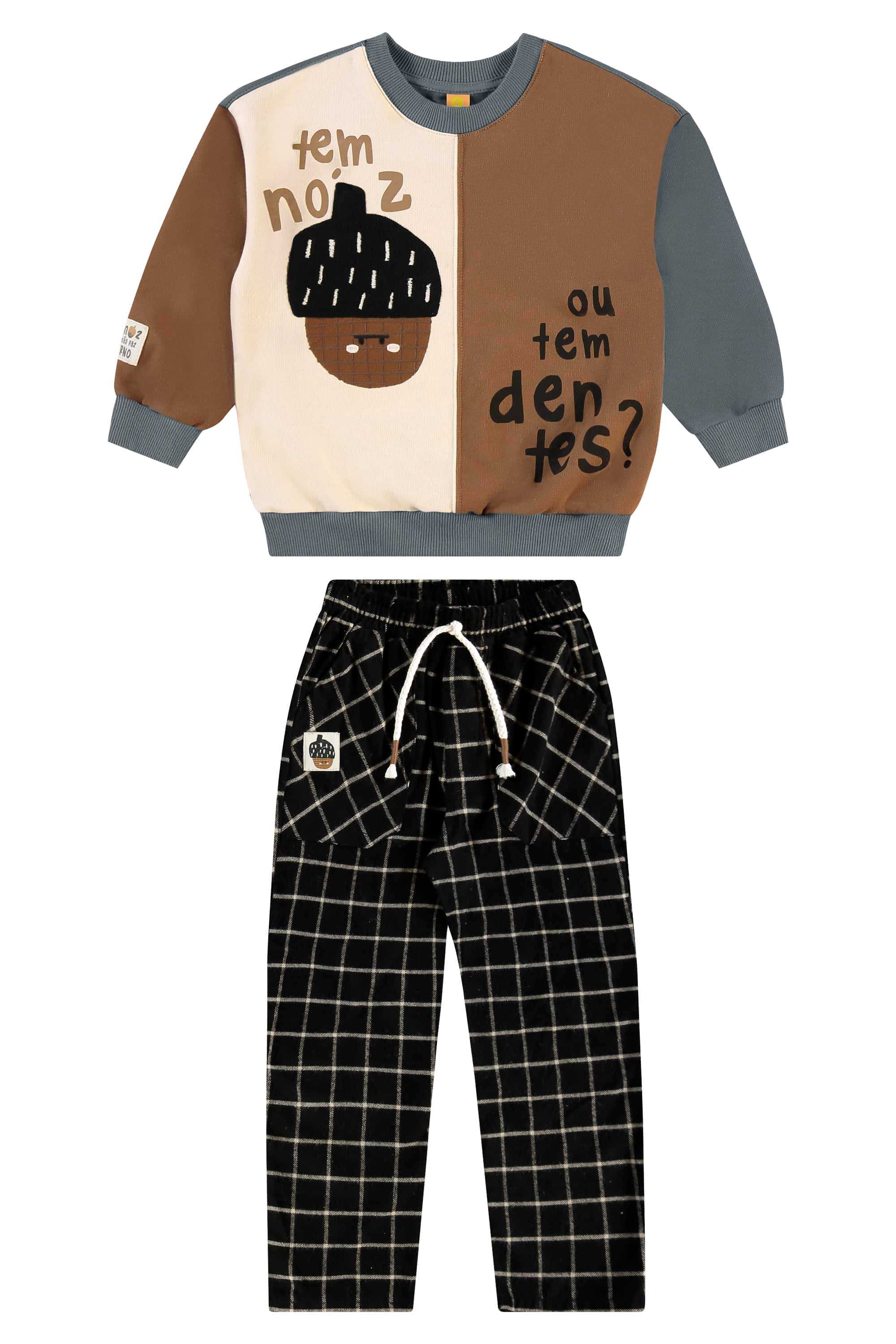 Conjunto Nozes Infantil Masculino com Blusão e Calça (Cinza) Três e Já - Imagem 2
